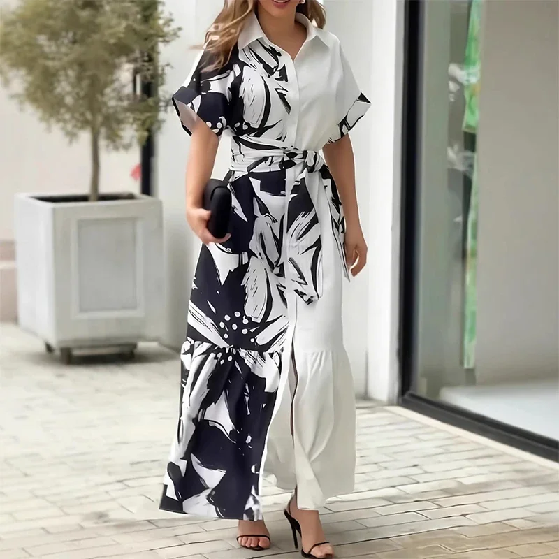 새로운 배색 레이스업 셔츠 드레스 패션 라펠 반팔 프린트 드레스 여름 신상 여성 출근룩 롱 드레스