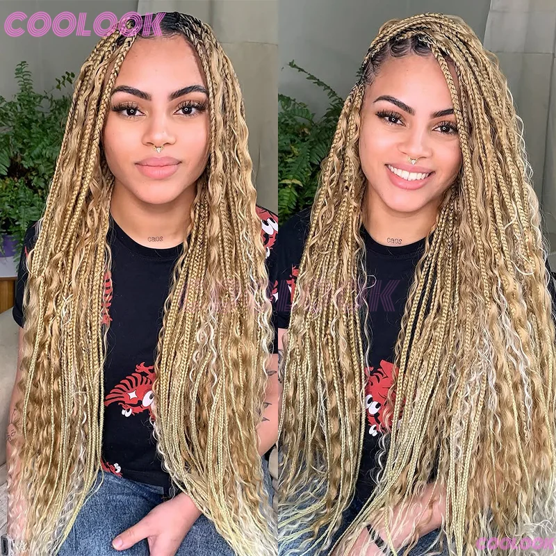 32 "perucas dianteiras de renda sintética para mulheres boho tranças perucas de renda sem nós caixa tranças peruca marrom africana