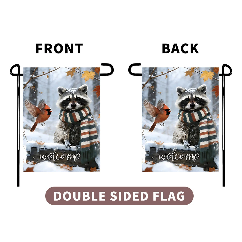 1 item: Winter-themed cozy garden flag with cute raccoon design, perfect for creating a forest-themed courtyard atmosphere.