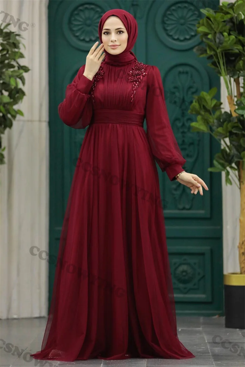 Burgundy Appliques Muslim Evening Dresses Tulle Long Sleeve Islamic Formal Party Gown Women Arabic Dubai Robe De Soiree