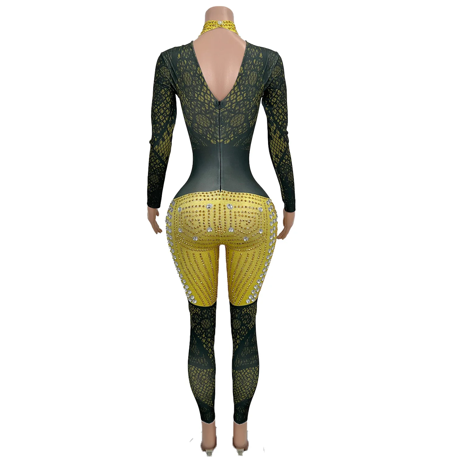Sexy Stretch Rhinestones Party Jumpsuits Women Stretch Long Sleeve Crystal Romper Nightclub Prom Bodysuit Dance Wear Huangzuan