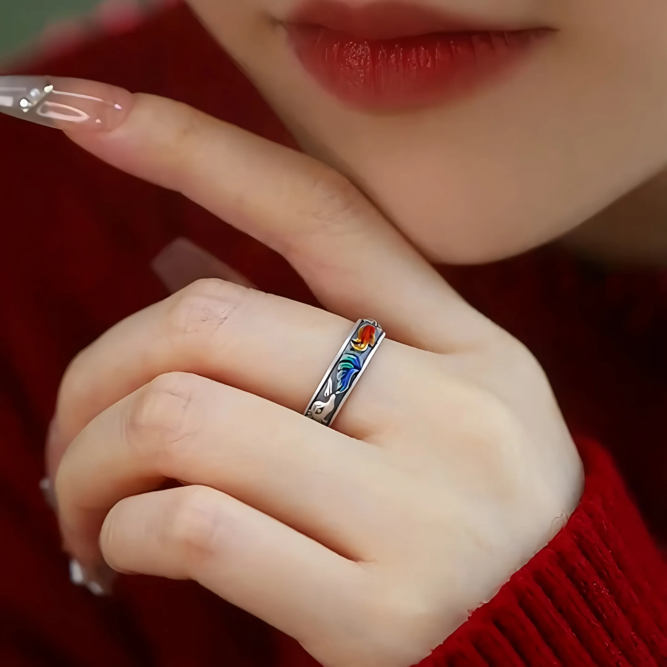 

PANJBJ 925 Sterling Silver Colorful Fox Ring for Women Animal Drop Glaze Nation Retro Trend Jewelry Gift Dropshipping