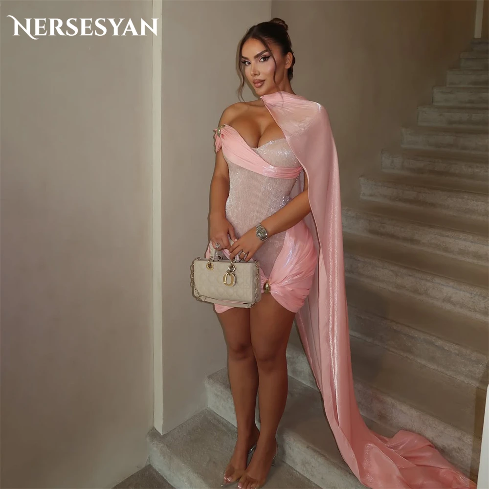 

Nersesyan Blush Pink Glitter Cocktail Party Gowns Sequins Off Shoulder Mini Pleats Prom Dresses Backless Luxury Dress Customized