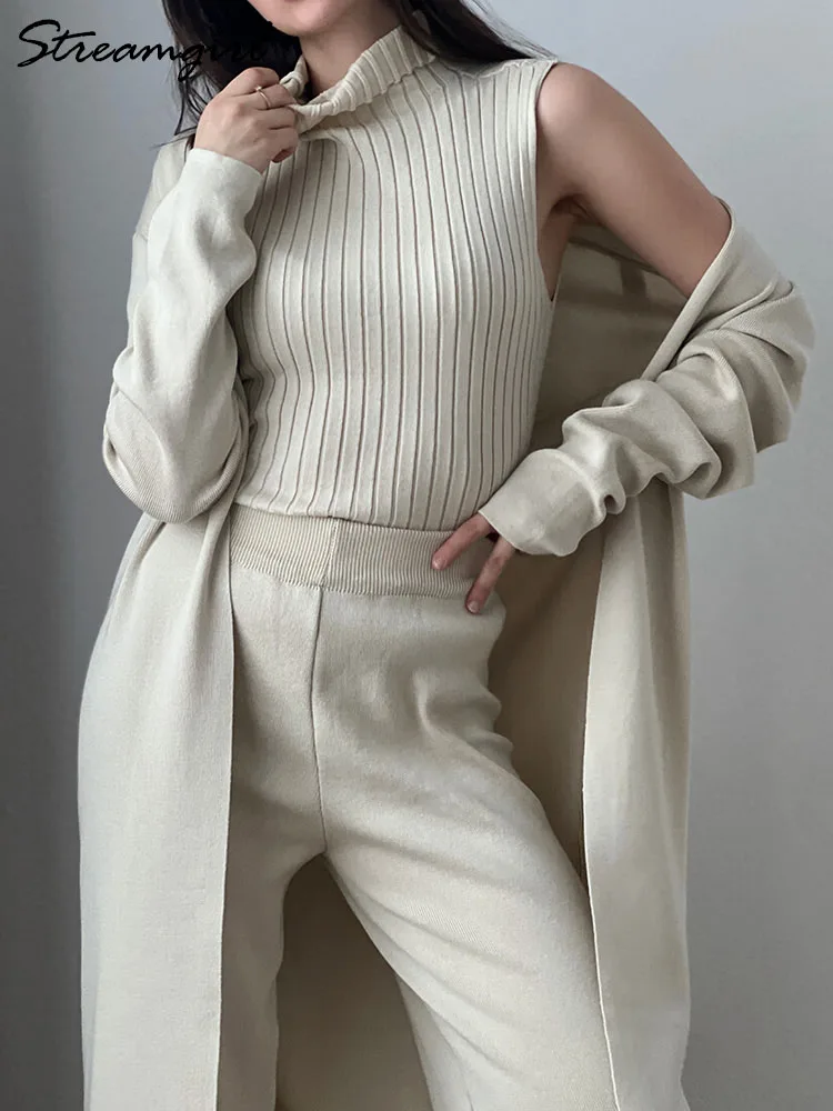 Knit Pant Sets Women Long 3 Pieces Suits Outfit Autumn Elegant Knitted Vest Cardigan Jacket Trousers Sets Womens 3 Piece Sets