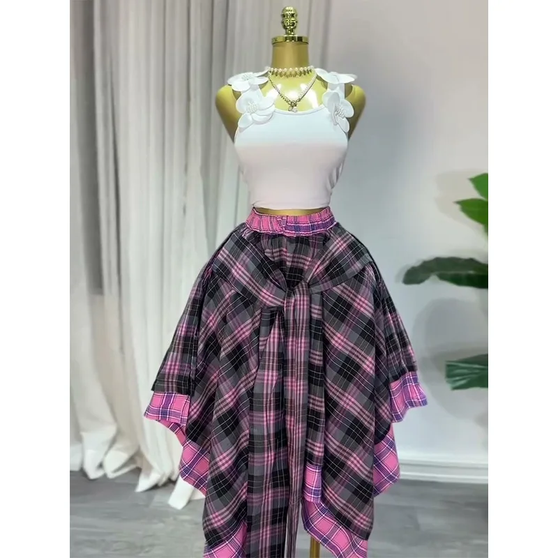 Slergiri Vintage Drawstring Elastic Waist Plaid Skirt Women Fashion New 2026 Summer Preppy Style Casual Asymmetrical Long Skirts