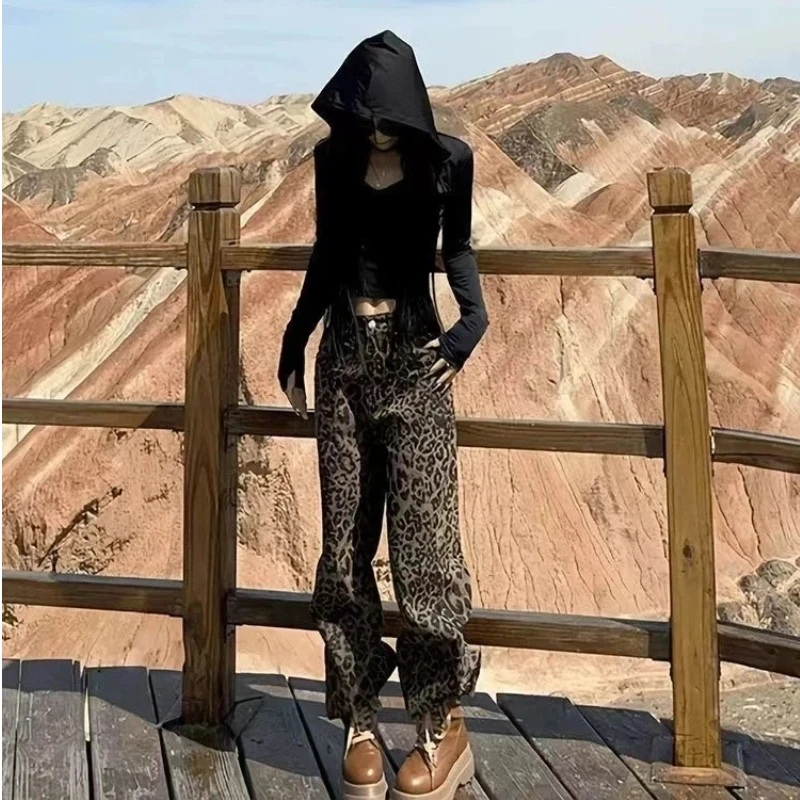 جينز نسائي Y2k جينز أمريكي ريترو بطبعة الفهد بنطال ذو قصة أرجل واسعة عالي الخصر فضفاض مناسب للشتاء تصميم جديد للتخسيس مستقيم طويل