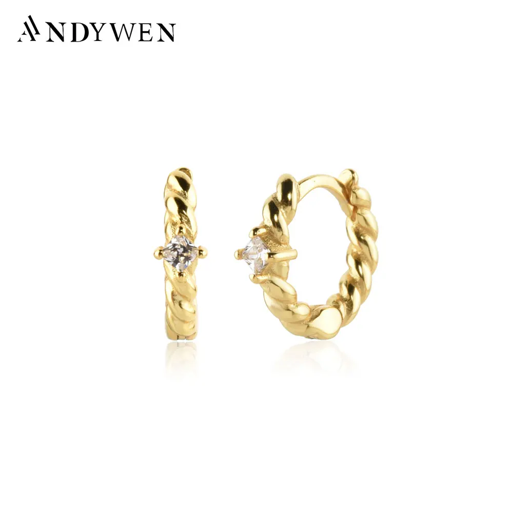 

ANDYWEN 100% 925 Sterling Silver Gold New Beads Hoops Huggies Party Rock Punk Clips Circle Luxury Crystal Fine Jewelry