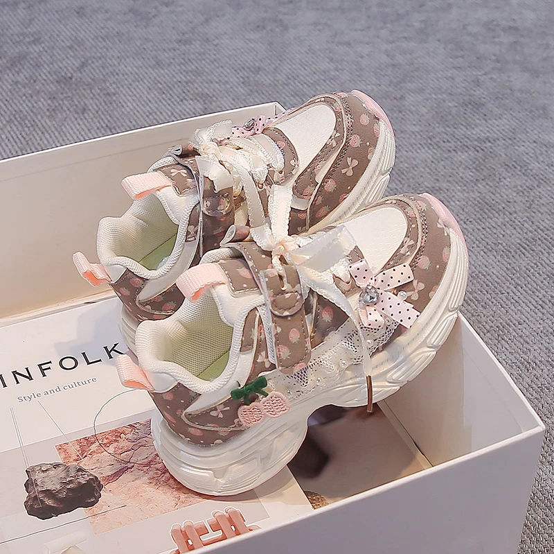 Toddler Girls Floral Sneakers Lace Bow Cherry Ornament Magic‑Tape Thick Non‑Slip Casual Sports Shoes