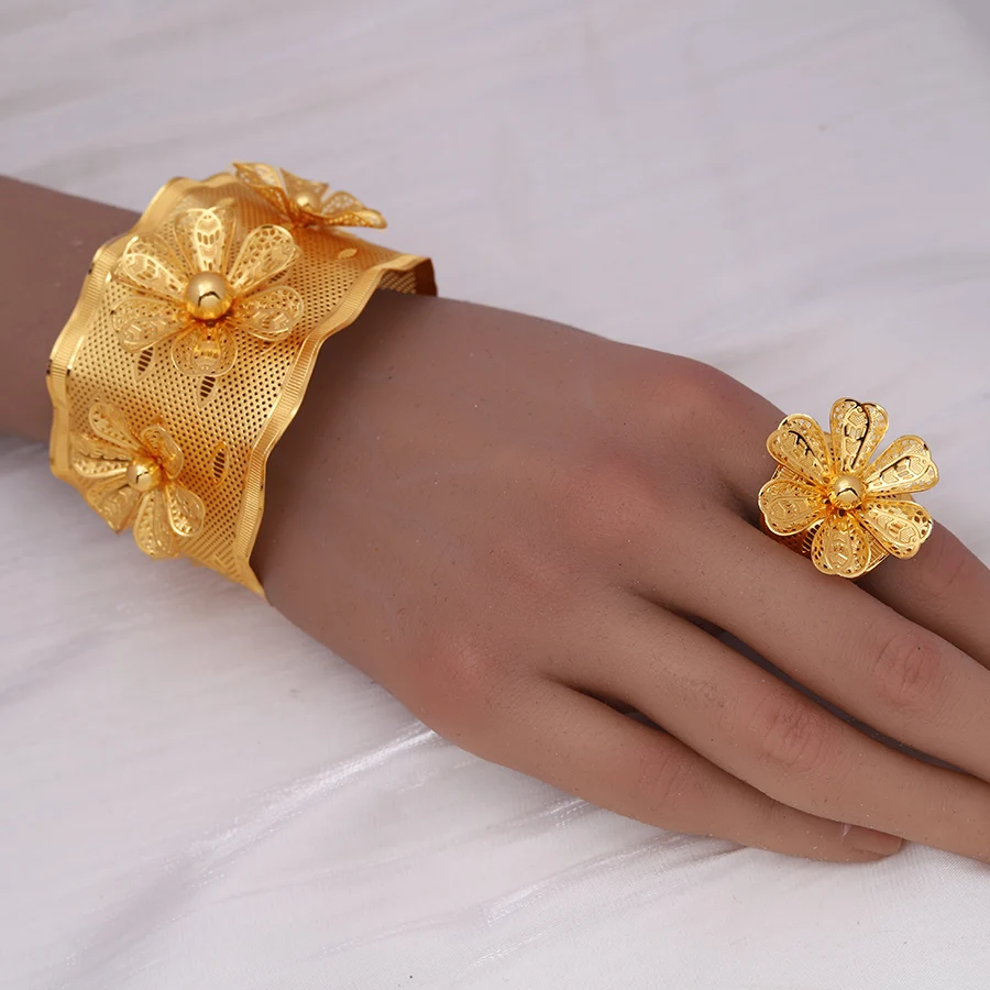 Middle Eastern Bride Wedding Copper Hollow Flower Bracelet Ring Set Dubai Women's Open Bracelet