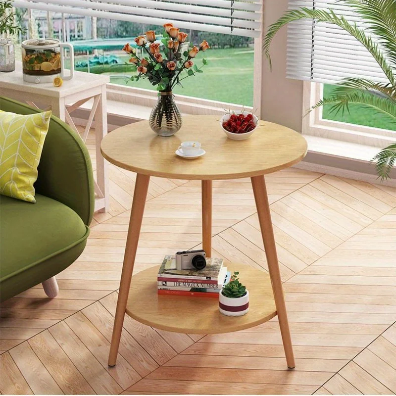 طاولة جانبية من طبقتين من الشمال، طاولة قهوة خشبية مستديرة - 3 أرجل، نمط ألوان السجل، مثالية لغرفة المعيشة وغرفة النوم والشرفة