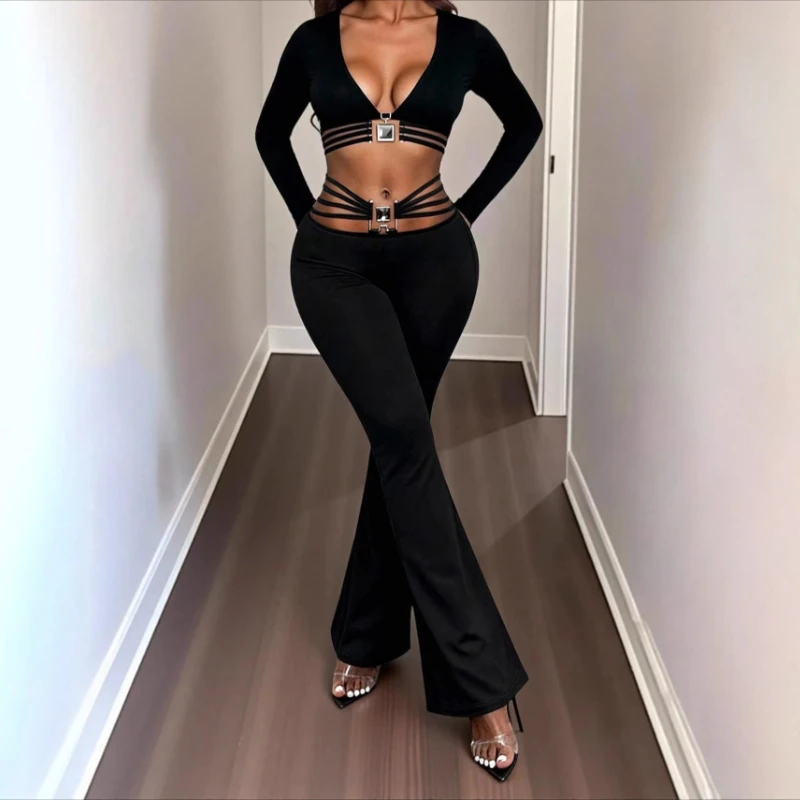 

Women's 2026 Hollow Out Flared Pants Metal Waist Detail Bodycon Slim Fit Casual Sporty All-match Trousers