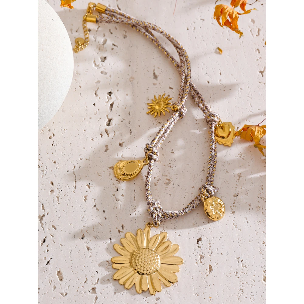 Yhpup 2025 Rope Braided Sunflower Flower Pendant Necklace Handmade Stainless Steel Trending 18K Jewelry Accessories