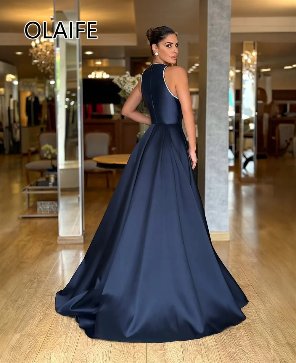 Customized Fashionable Satin Scoop Evening Dress Backless A Line Prom Dress with V Neck Beaded Court Train Special Occasions