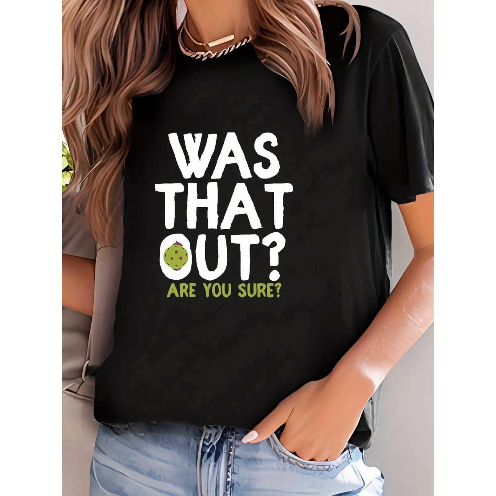 

Casual Round Neck Women's T-shirt, Funny Cricket Slogan Was That Out Graphic Print Top, Short Sleeve Sportswear for Fans