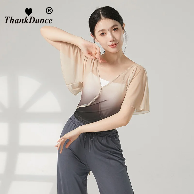 

Классический танцевальный топ, женская расклешенная сетчатая рубашка с короткими рукавами, градиент цвета, v-образный воротник, одежда для выступлений, сари, блузка