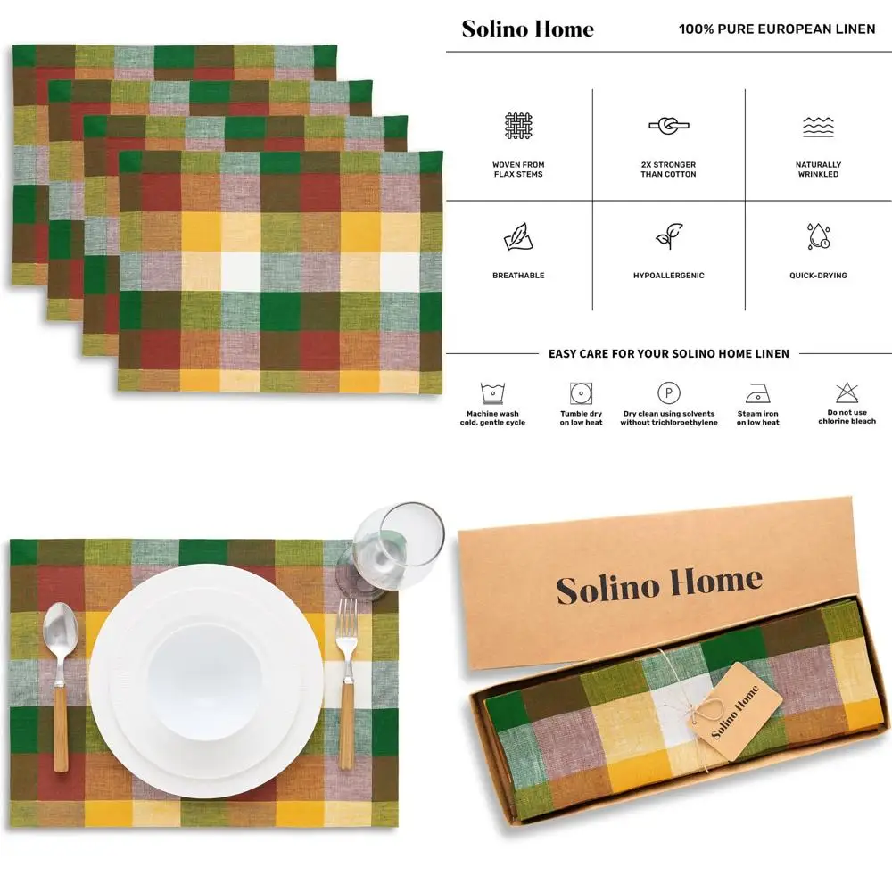

Multicolor Buffalo Check Linen Placemats Set of 4 - 100% Pure Linen, 13x18 Inch, Farmhouse Style, Fall Themed Table Mats