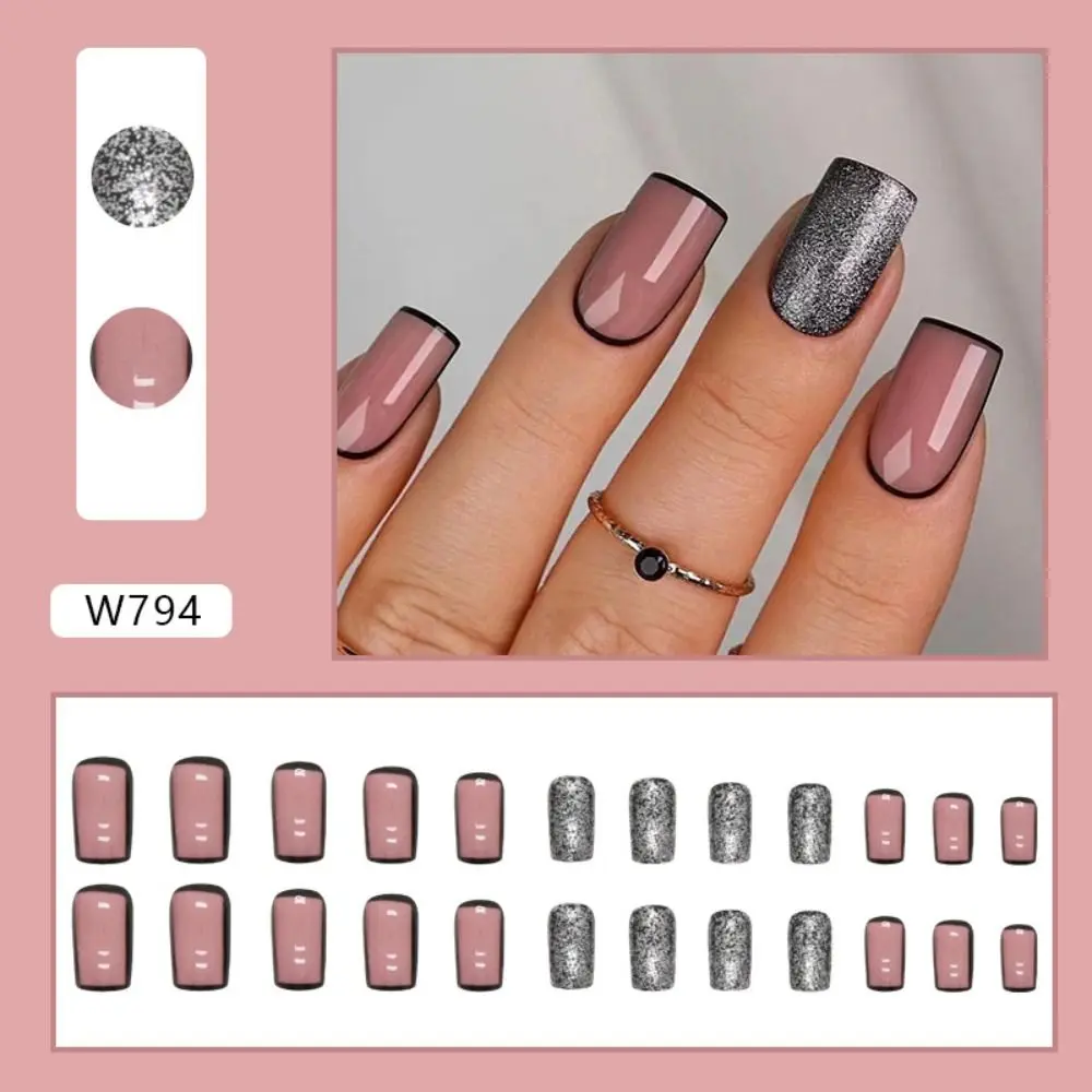 Neue lange quadratische falsche Nägel, schwarze Blumen, Regenbogenfarben, französische gefälschte Nials, abnehmbare niedliche Bären-Nagelspitzen für Frauen und Mädchen