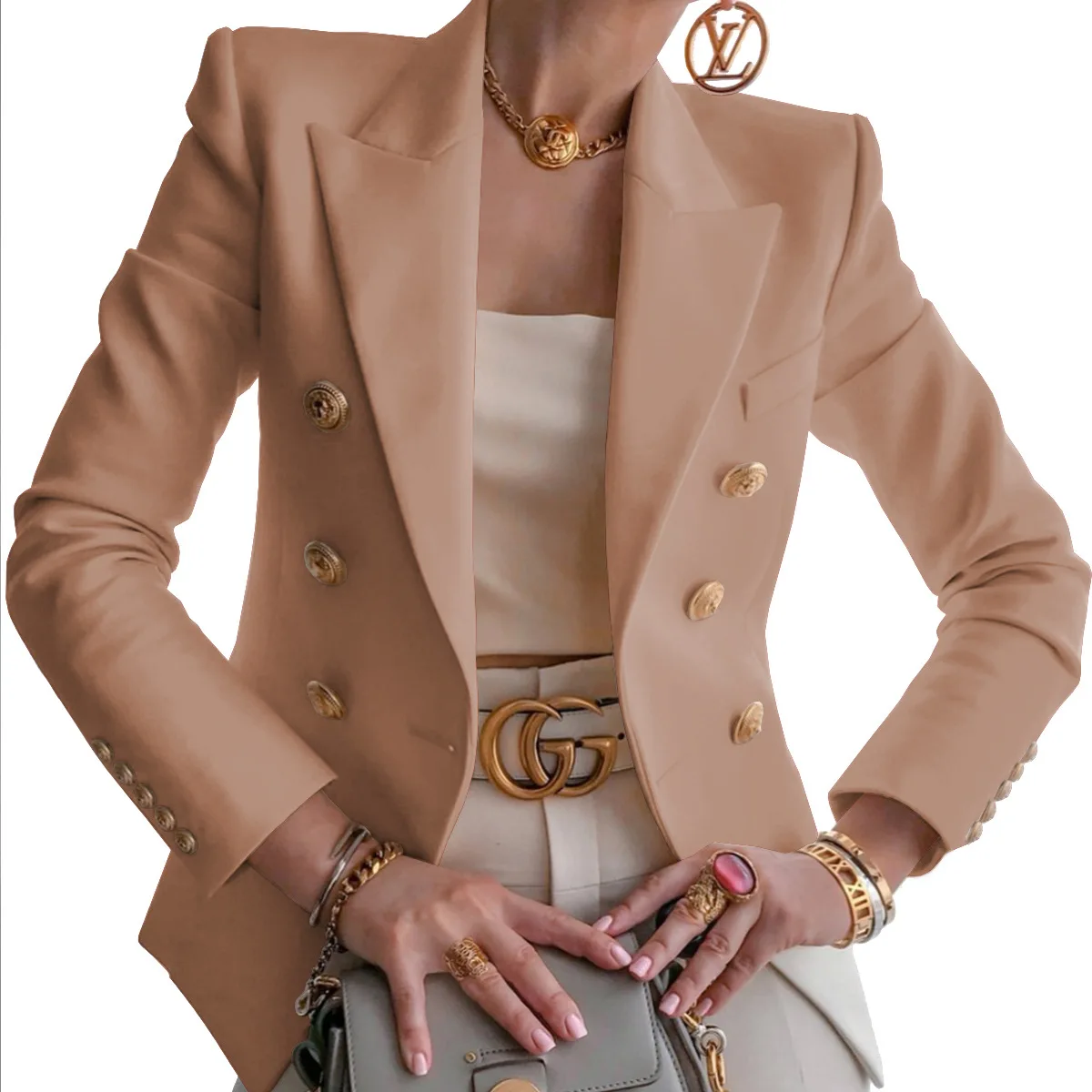 Blazer de doble botonadura para mujer, Chaqueta de traje elegante de manga larga, a la moda, color blanco y negro, para oficina, Invierno