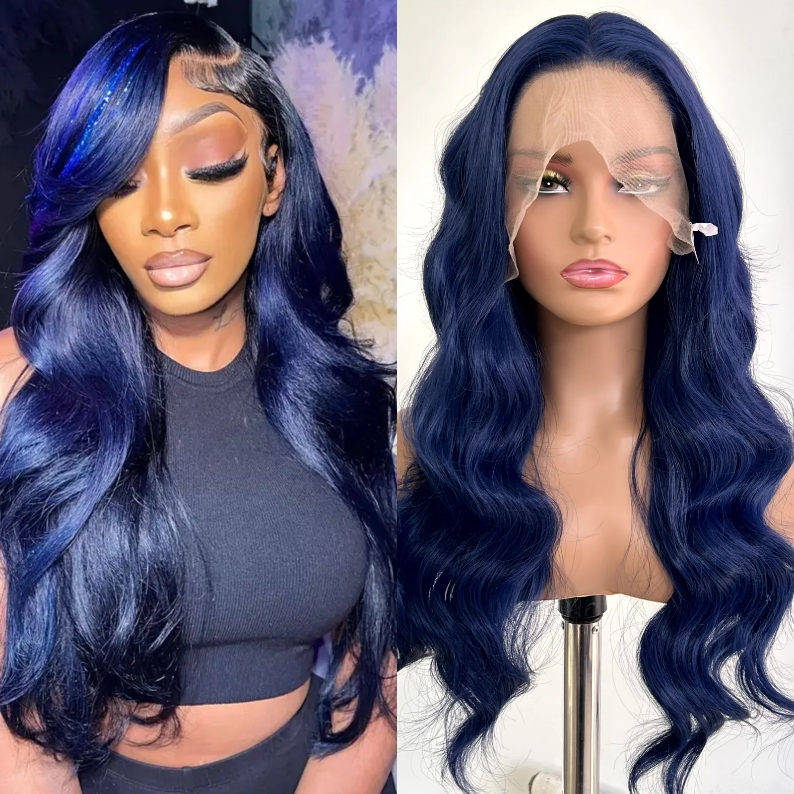 Dark Blue Wig Body Wave Synthetic Lace Front Wig Middle Part Long Wavy Natural Curly 13X4 Frontal Wigs for Women Daily Party