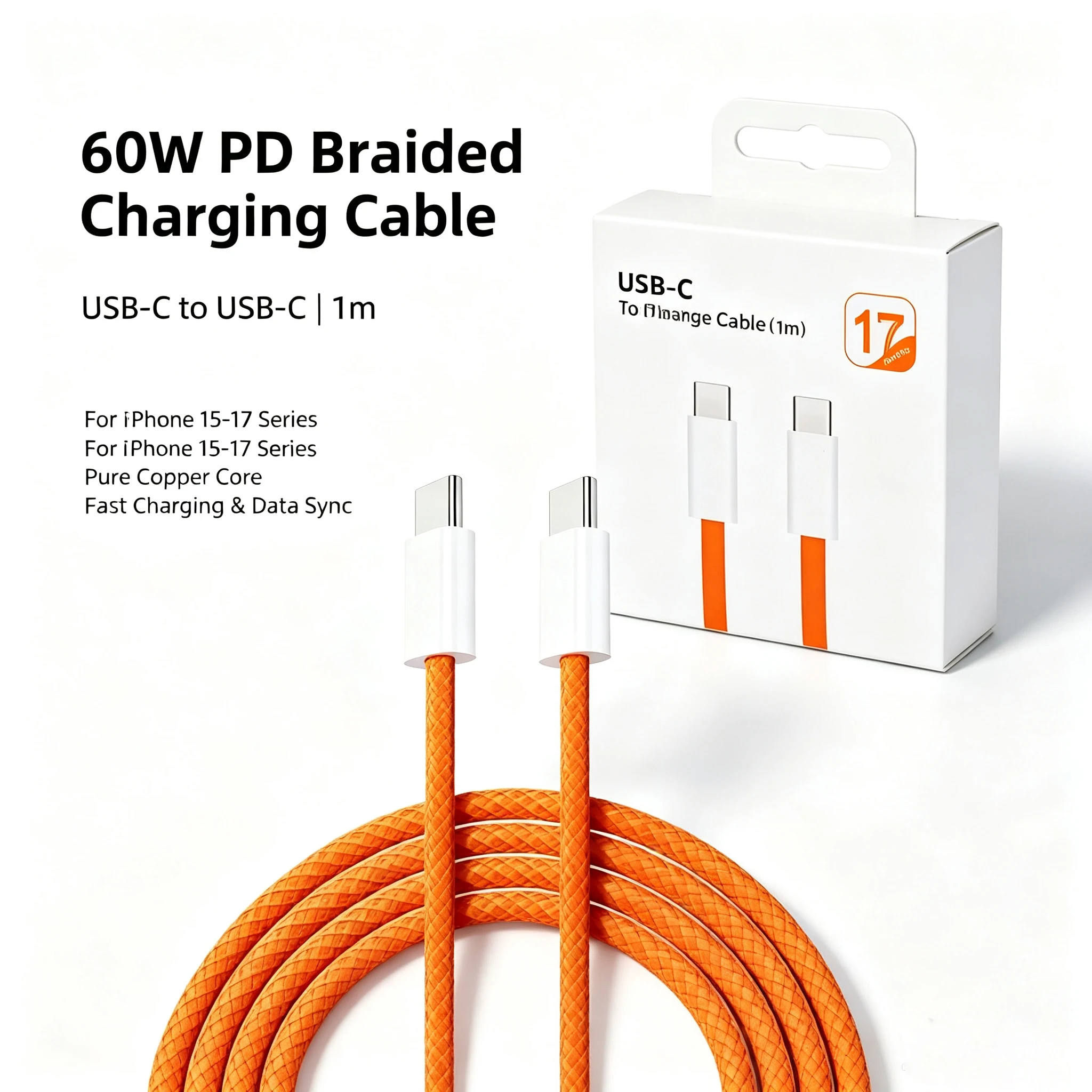 60W PD Nylon-umflochtenes USB-C zu USB-C Schnellladekabel für iPhone 17 16 15 /Pro Max Kompatibilität Samsung Typ-C Schnellladung