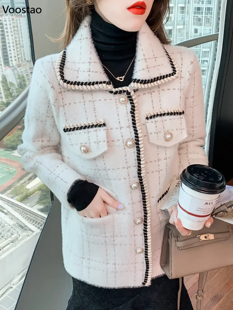 France Elegant Mink Cashmere Sweater Coat Autumn Winter Women Casual Loose Knitted Cardigan Female Turn-Down Collar Outwear Tops