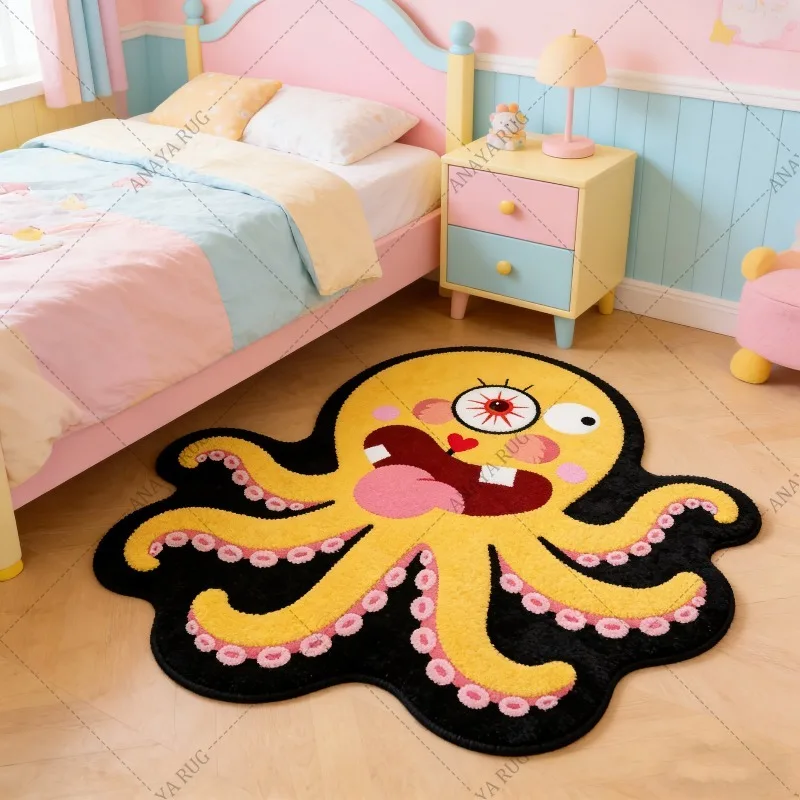 VIKAMA Yellow Octopus Rug: Comfortable, Soft, and Warm; Non-Slip Entryway Doormat; Gaming Room Rug; Home Furnishings