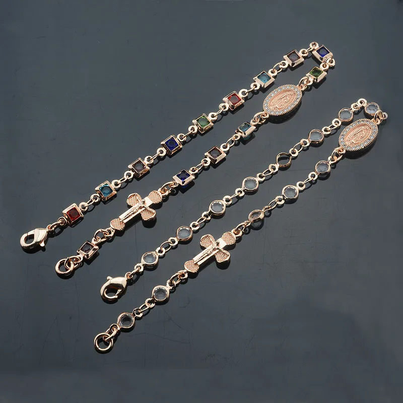 2 Color Women 585 Rose Gold Color White Colorfuly Stone With Cross Oval Wristband Bracelet Link Chains