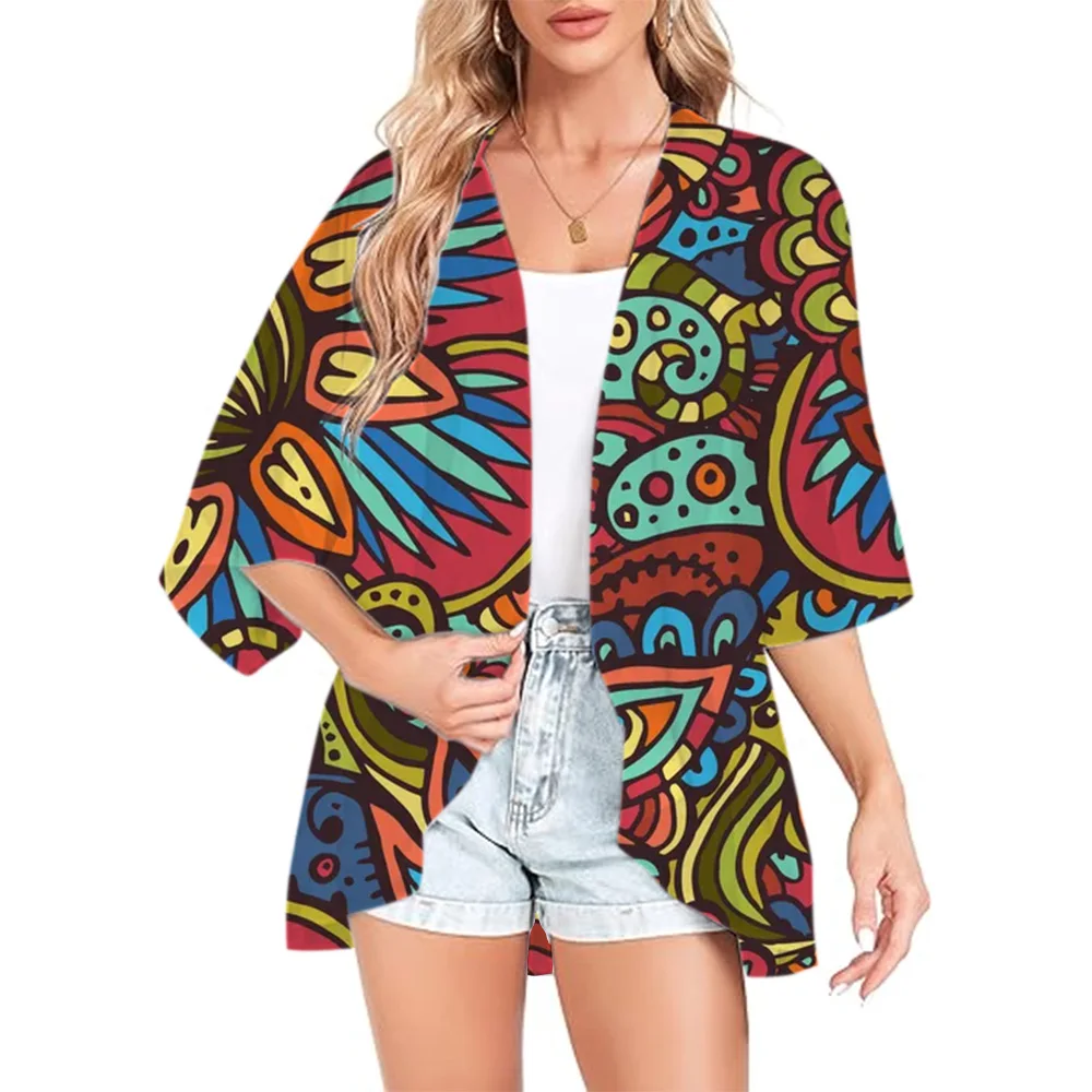 New Women's Fashion Chiffon Ethnic Clothing Three-dimensional Printing Cardigan Loose Big Size Beach Pullover Cape And Kimono