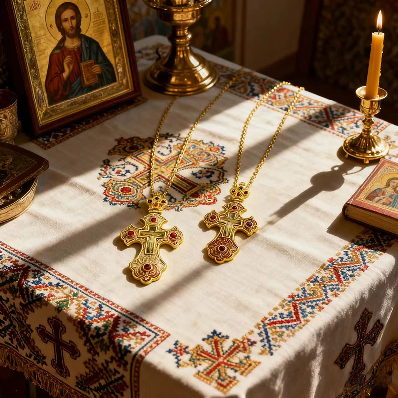

New 2026 Luxury Enamel Orthodox Cross Necklace Red Crystal & Gold-Plated Crucifix Icon Jewelry for Priest Liturgy & Sacraments