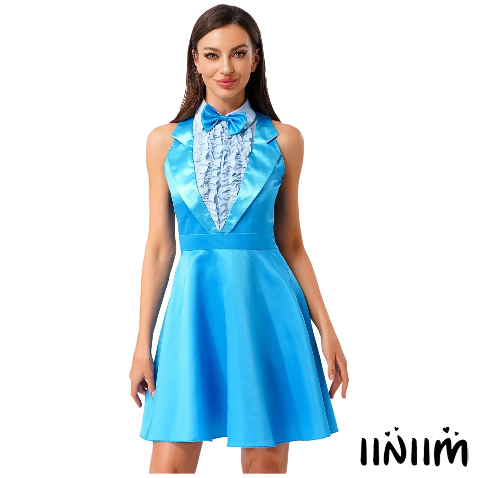 

70s 80s Dumber Style Dress for Women Sleeveless A Line with Bowtie Lapel Halloween Party Princess Cosplay Rave Fancy Dress