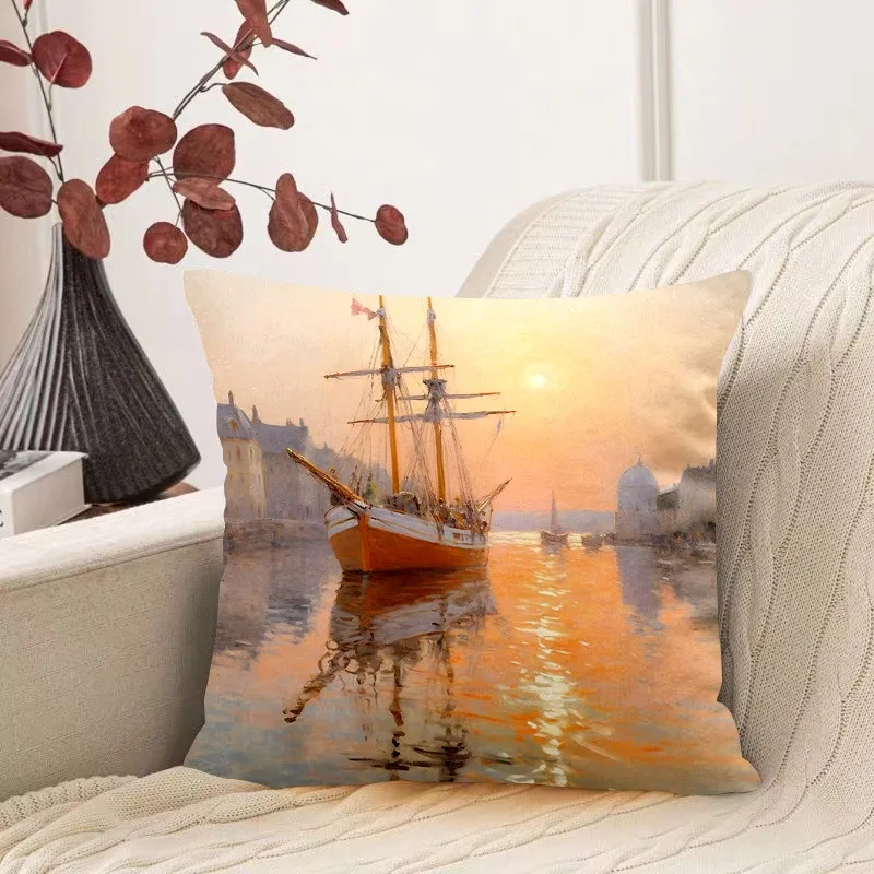 Oil Painting Water Lily Pattern Decorative Pillowcase Living Room Bedroom Square Cushion Pillowcase