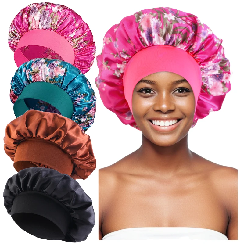 4 TEILE/LOS Satin Breite Krempe Floral Schlummertrunk Motorhaube Haar Wrap Nacht Schlafen Schlaf Kappe Elastische Weiche Band Haarpflege Dusche hut – Detail 13