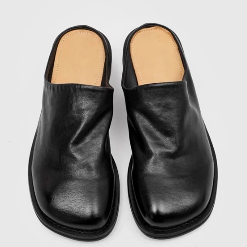 New British Square-toe Thick-soled Half Loafers Shoes For Men black Slip-on Lazy Shoes Breathable Mules Casual Leather Shoes