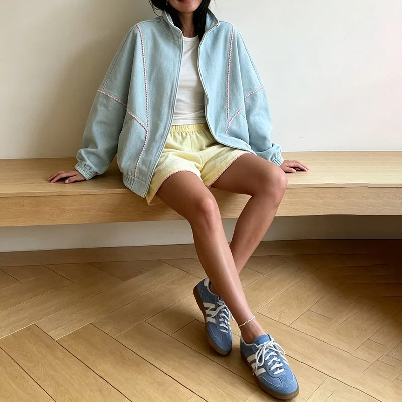 

Blue Stand Collar Zip Up Jacket Pink Pom Pom Trim Loose Long Sleeve Pocket Women Casual Outerwear Outer Coat 260801