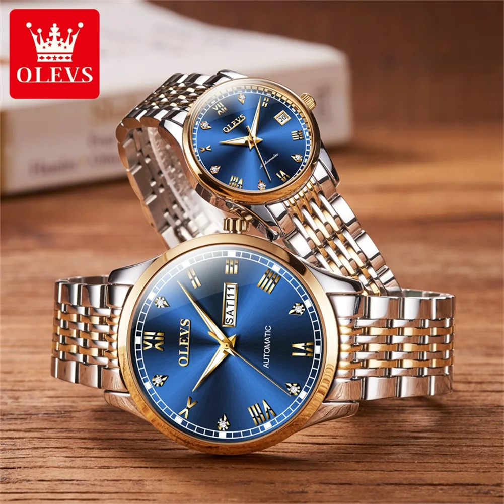 OLEVS Couple Watches Luxury Fashion Waterproof Stainless Steel Original Self-winding Mechanical Wristwatch for Lover Luminous