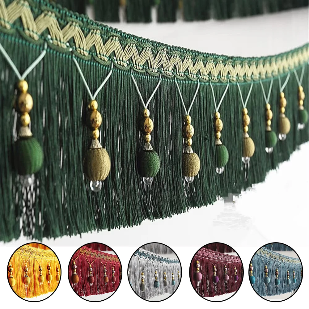 12yards Braided Beads Hanging Ball Tassel Fringe Trimming Applique Fabric Trimming Ribbon Band Curtain Table Wedding Decorated