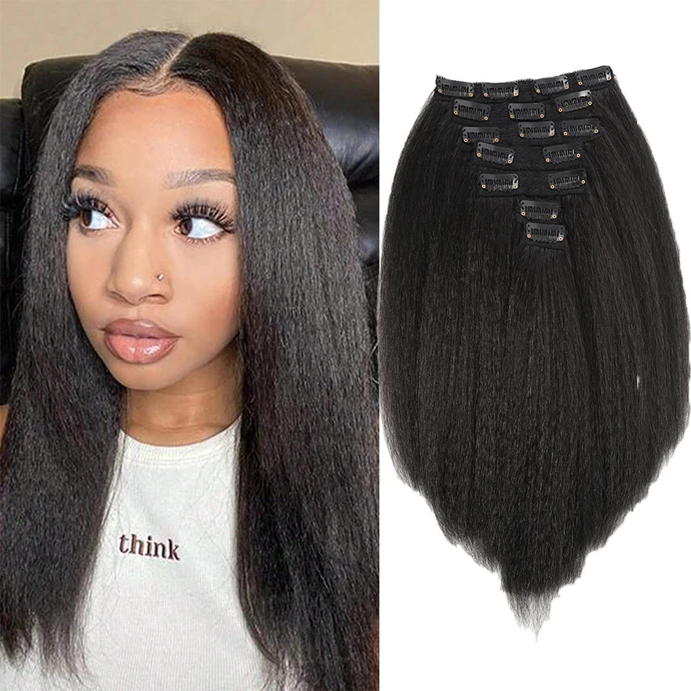 Synthetic 7 Pieces Kinky Straight Clip In Hair Extensions Black Hair Extensions Clip Ins For Straight Clip In Hair Extensions