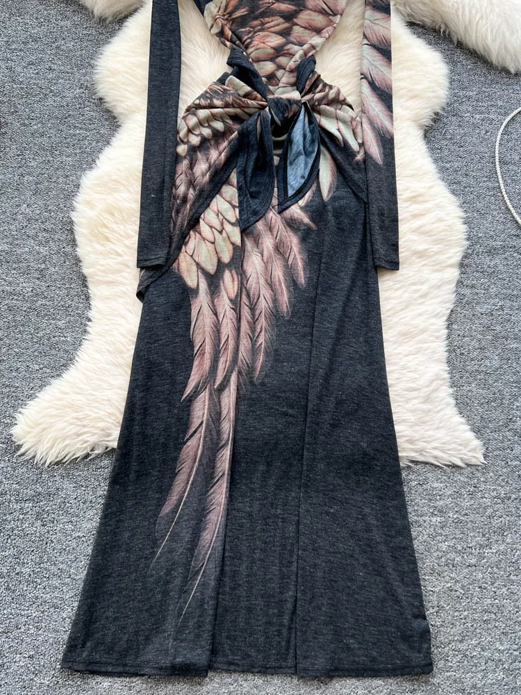 Cravatta retrò in vita lunga stampa Sve Dr coreano Sle a vita alta A-Line Midi Dr per le donne Summer Commute Faion