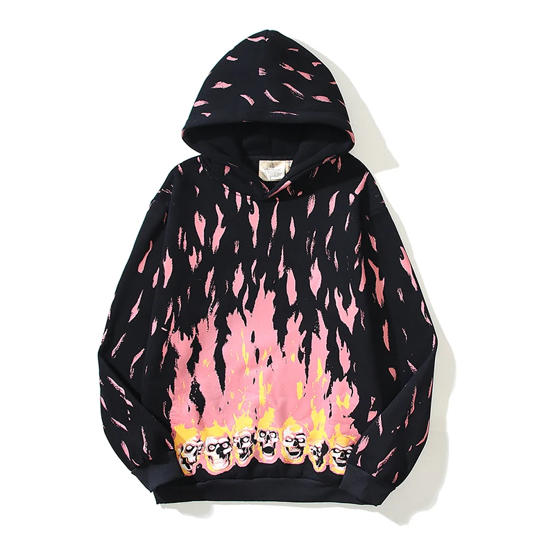 

High Street Flame Skull Printed Pullover Hoodies for men and Women Thick Winter Fleece Hoodied Sweatshirts Oversized Baggy Hoody