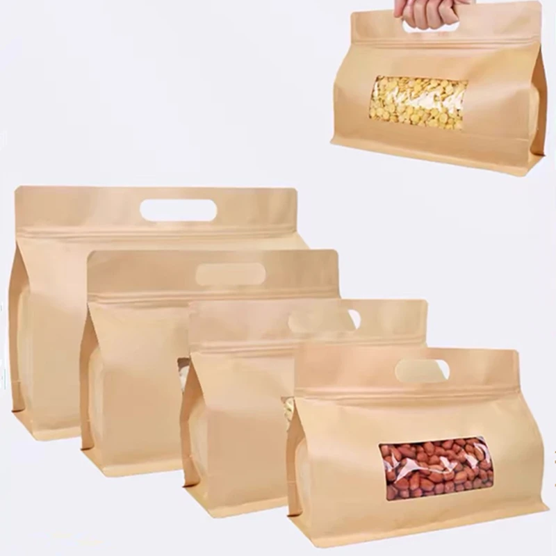 

50pcs Kraft Paper Octagon Food Packaging Zipper Bags with Handle Window Sealed Candy for Tea Nuts Dried Fruit Storage