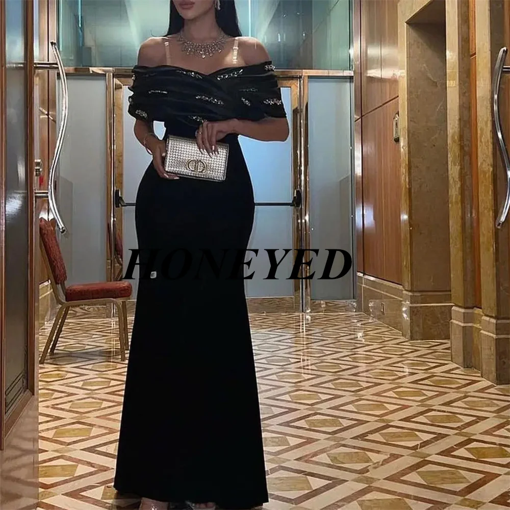 HONEYED Simple Black Off the Shoulder Elegant Floor-length Simple and Premium of the Bride Dress For Women Ruching Wedding Guest