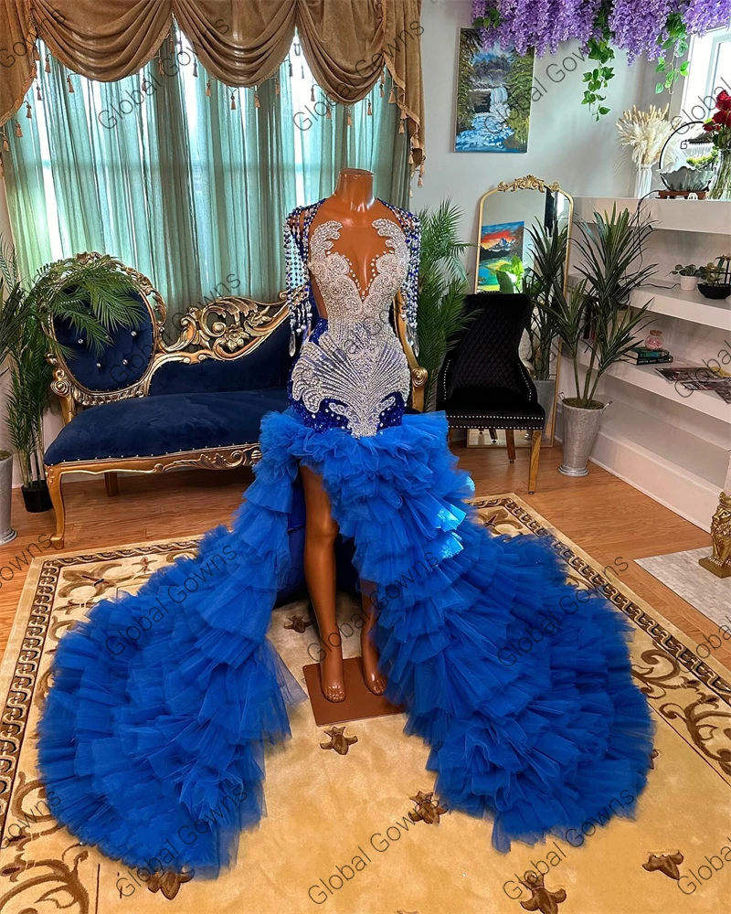 Royal Blue Long Prom Dress For Black Girls 2024 Beaded Crystal Tassel Birthday Gown Sequin Ruffle High Slit Evening Customized