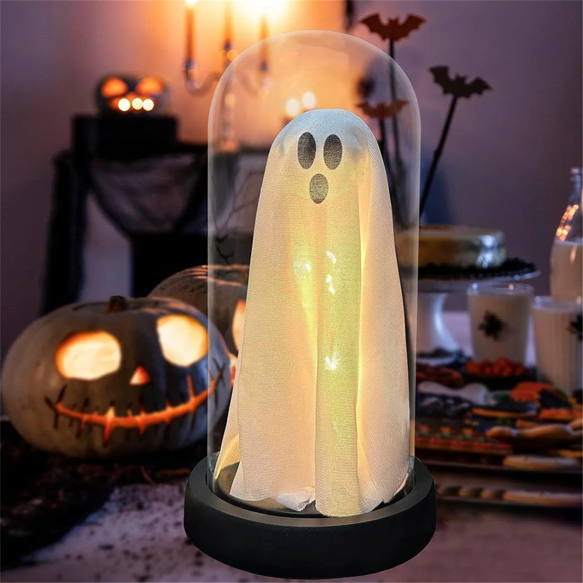 Halloween Light Up Ghost Halloween Decor Ghost in Glass Cloche Cute Ghost with Light for Fireplace Halloween Decorations