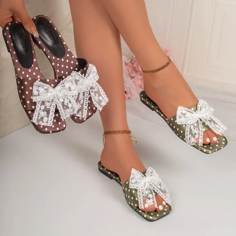 

Women Polka Dot Bow Flat slippers 2026 fashion print Square toe solid female shoes Summer Casual comfort lightweight sandals