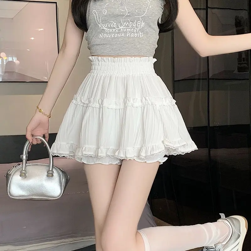 Sweet Black Fluffy Cake Half Skirt for Women Summer New Elastic Waist Pleated Korean Lace A-line Skirt Fashion Casual Clothing