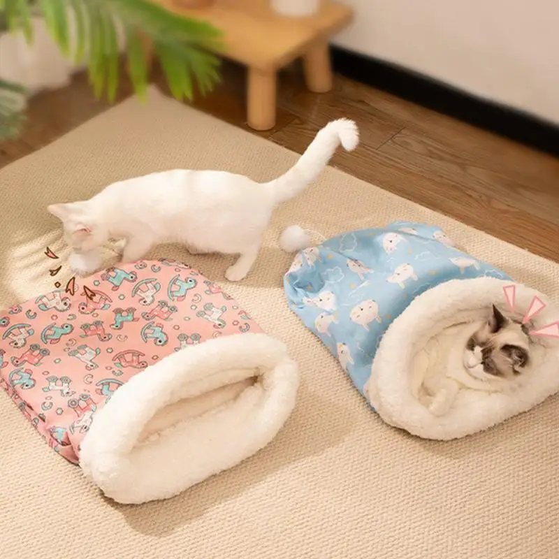 Cat Sleep Sack Semi-Closed Cat Cave Bed With Tail Ball Cat Hideaways Comfortable Pet Snuggle Sack For Indoor Cats For Winter