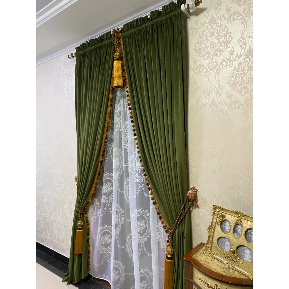 American Retro Style Olive Green Solid Color Curtains for Living Room Bedroom Thickened Blackout Velvet Study Curtains New Style