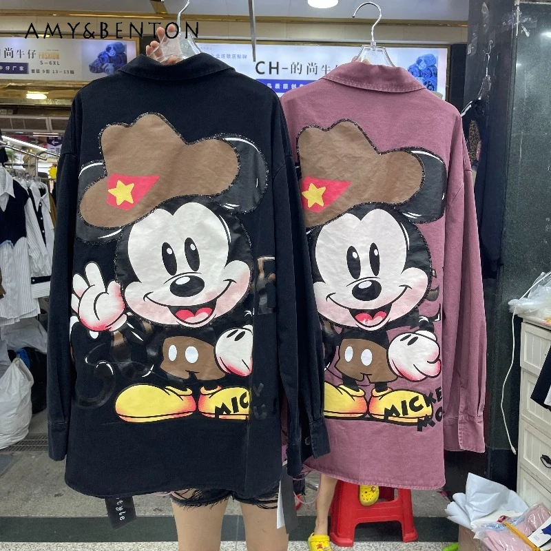 

American Retro Cartoon Print Design Polo Collar Long Sleeves Top Blouse Coat Women's Loose Kawaii Single-breasted Shirt Jacket