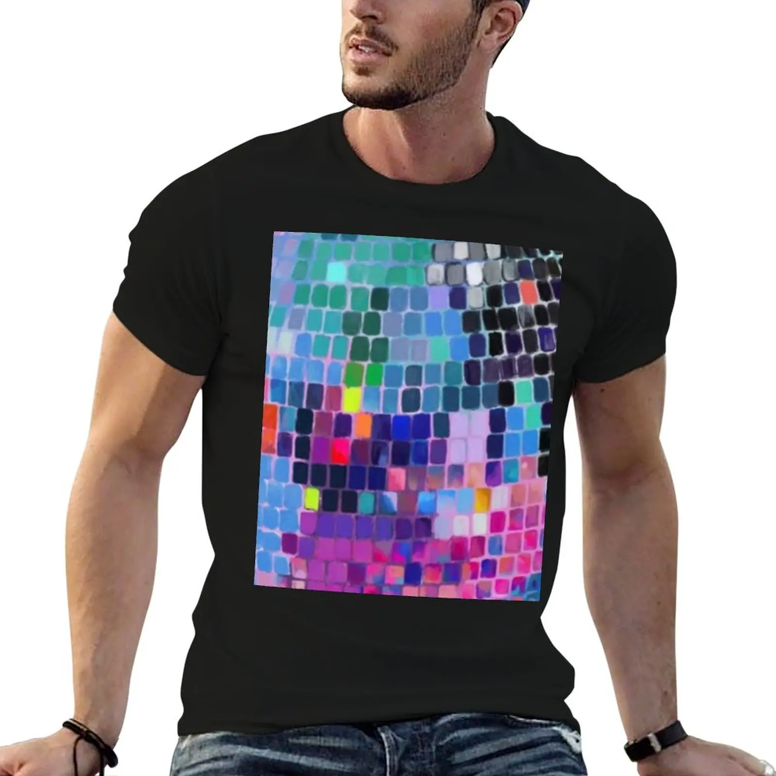 Camiseta con diseño de bola de discoteca, arcoíris, fiebre disco, baile boogie, retro, años 70, club, fiesta disco, cuadros, coloridos, vintage, cuadrados de vidrio