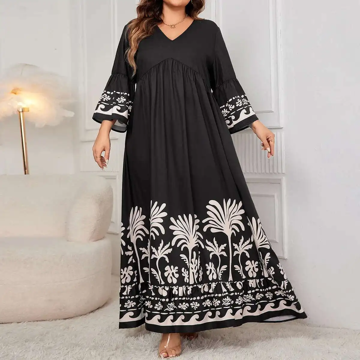 Sleeve New Flared Loose Dress Elegant Style V-neck Printed Long Dress for Women Shiny 2025 Party Summer Elegantes Casual Y2k